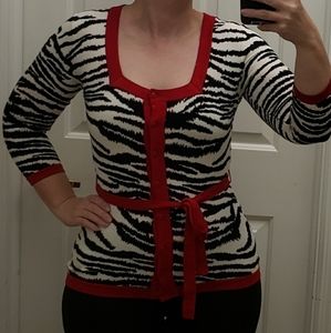 CYRUS Zebra Black White Print Red Trim 3/4 Sleeve Cardigan Woman's S